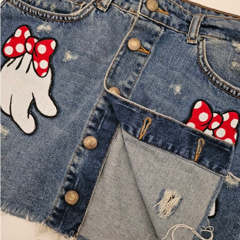 Zara Disney Minnie Mouse denim mini skirt buttons glove hands xs extra small - Picture 11 of 13